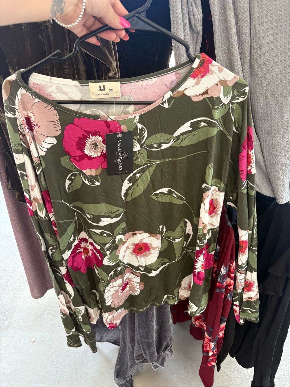 Amelia James Olive Green Long-Sleeve Floral Scoop Neck Top with Pink Blooms